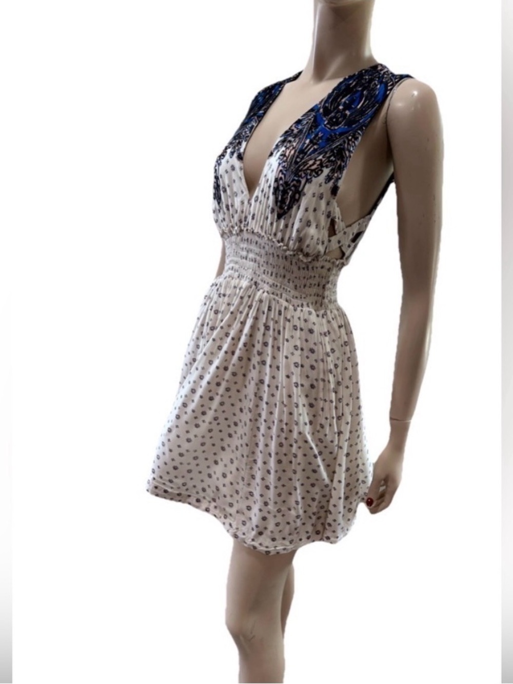 Free people Sleeveless V-Neck Printed Mini Dress in White and Blue